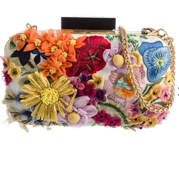 Alice + Olivia Floral Embroidered Clutch with Gold Chain - Picture 3 of 13